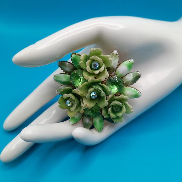 Vintage Celebrity Green Rhinestone Brooch Pendant, 1950s, 2 1/4 Inches - Picture 6 of 10